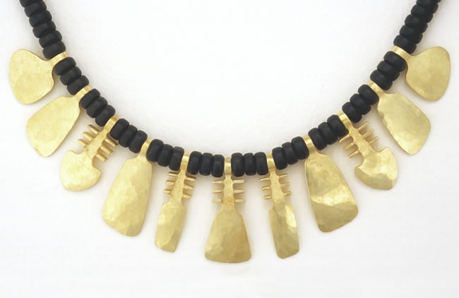 Large 18K gold Symbol necklace on black Agate rondelles